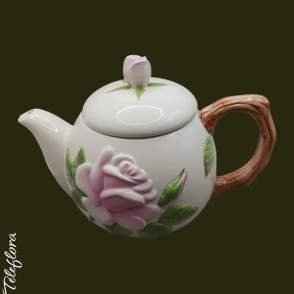 Teleflora rose ceramic teapot white pink color